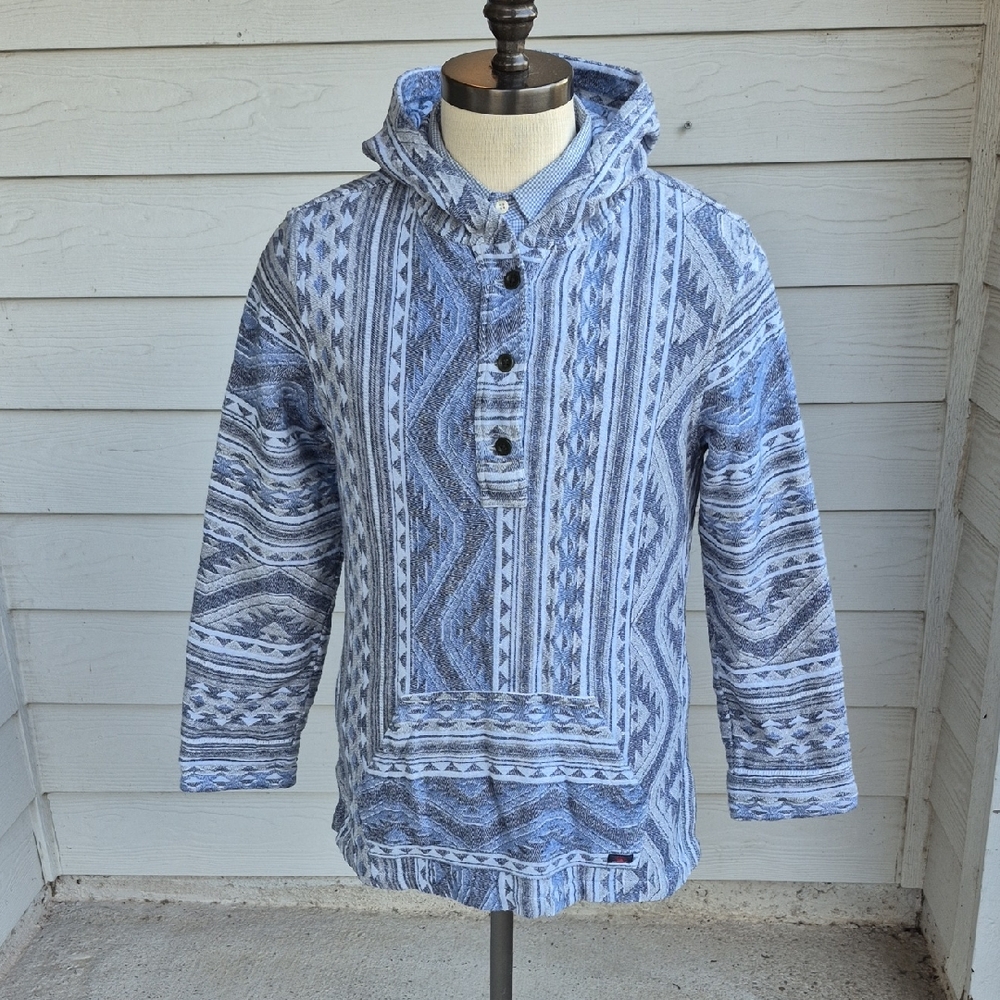 FAHERTY Knit Grey Blue Aztec‎ Abstract Womens Large Baja Hoodie Pullover Sweater